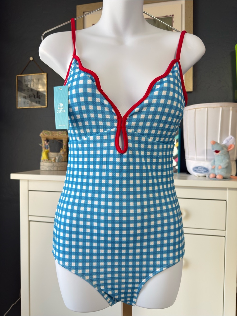 Cupshe Blue & White Gingham One-Piece Swimsuit with Red Trim